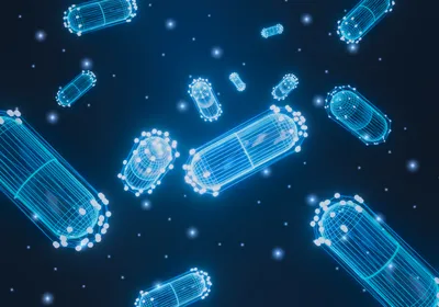 Abstract pill capsules in neon blue floating against a dark blue background